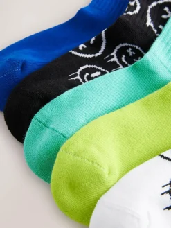 Next Blue/Green Graffiti Smile Cushioned Footbed Cotton Rich Ribbed Tipped Socks 5 Pack^BOY Socks