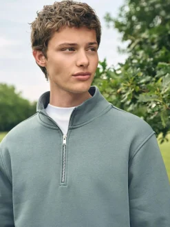 New Next Blue/Green Quarter Zip Cotton Rich Jersey Sweatshirt