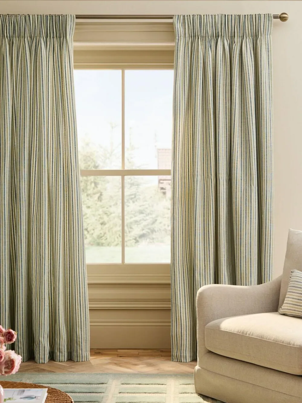 Online Next Blue/Green Stripe Pencil Pleat Curtains