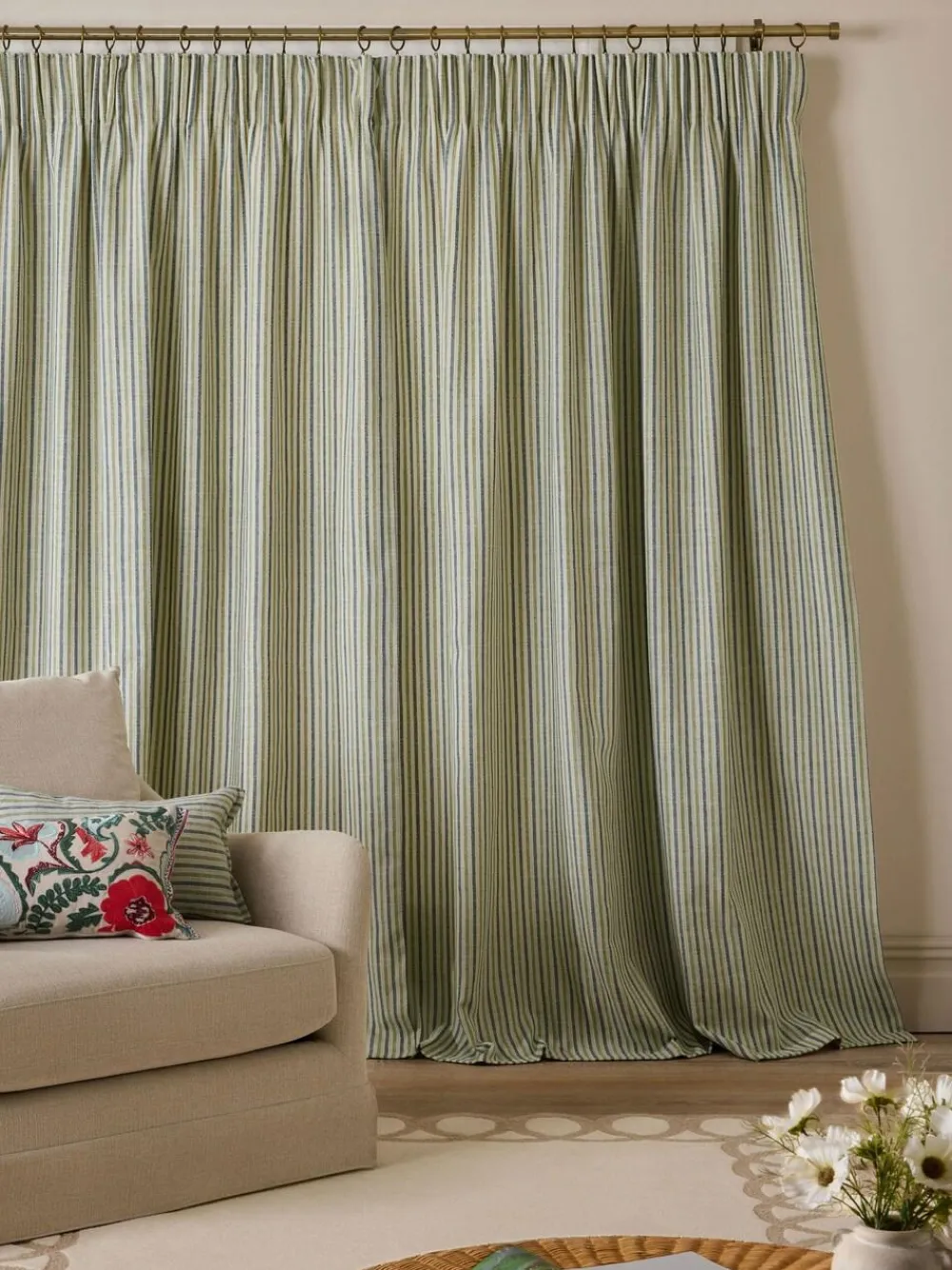Online Next Blue/Green Stripe Pencil Pleat Curtains