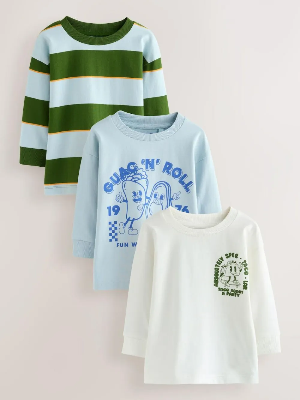 Sale Next Blue/Green Taco Long Sleeve Graphic Print T-Shirts 3 Pack (3mths-7yrs)