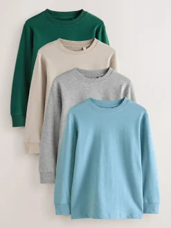 Online Next Plain Long Sleeve Cosy T-Shirts 4 Pack (3-16yrs) Blue/Green/Grey/Stone