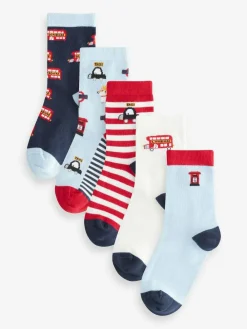 Next Blue/Red London Bus Character Cotton Rich Socks 5 Pack^BOY Socks