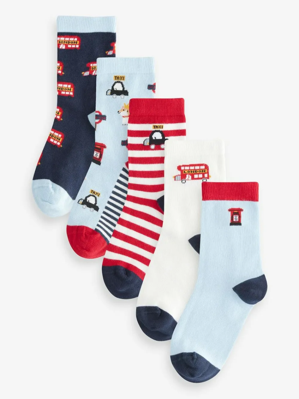 Next Blue/Red London Bus Character Cotton Rich Socks 5 Pack^BOY Socks