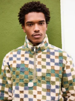Best Next Zip Neck Printed Fleece Blue/Tan Checkerboard