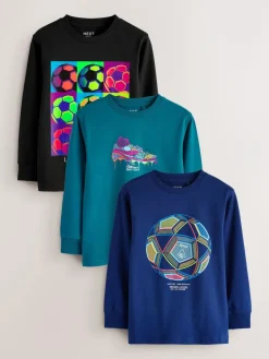 Next Blue/Teal/Black Football Relaxed Fit Graphic Print Long Sleeve T-Shirts 3 Pack (3-16yrs)^BOY Tops|T-Shirts