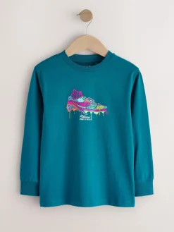 Next Blue/Teal/Black Football Relaxed Fit Graphic Print Long Sleeve T-Shirts 3 Pack (3-16yrs)^BOY Tops|T-Shirts