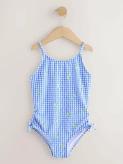 Next Strappy Ruched Swimsuit (3-16yrs) Blue/White Gingham Lemon
