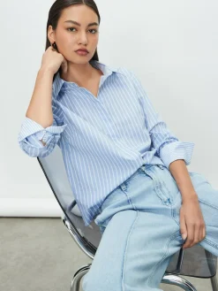 Next Blue/White Stripe Fitted Stretch Essential Long Sleeve Shirt^Women Blouses & Shirts