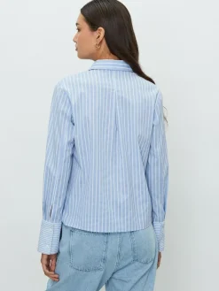 Next Blue/White Stripe Fitted Stretch Essential Long Sleeve Shirt^Women Blouses & Shirts