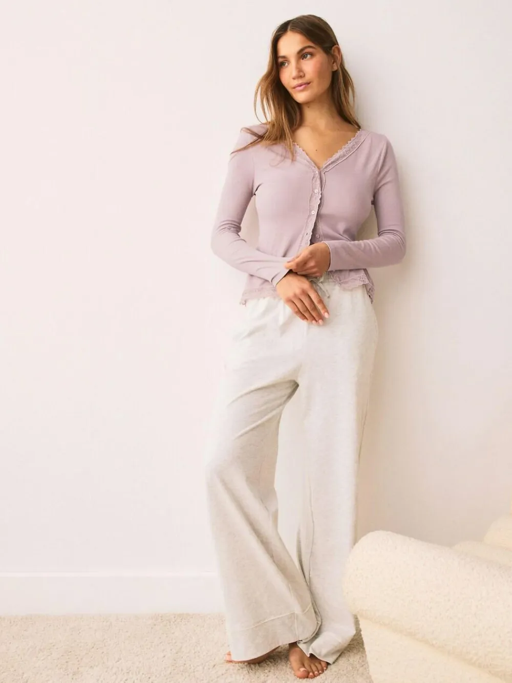 Next Blush Pink Thermal Base Layer Lace Trim Cardigan^Women Thermals