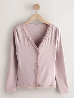 Next Blush Pink Thermal Base Layer Lace Trim Cardigan^Women Thermals