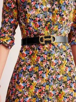 New Boden Snaffle-Trim Leather Belt Black