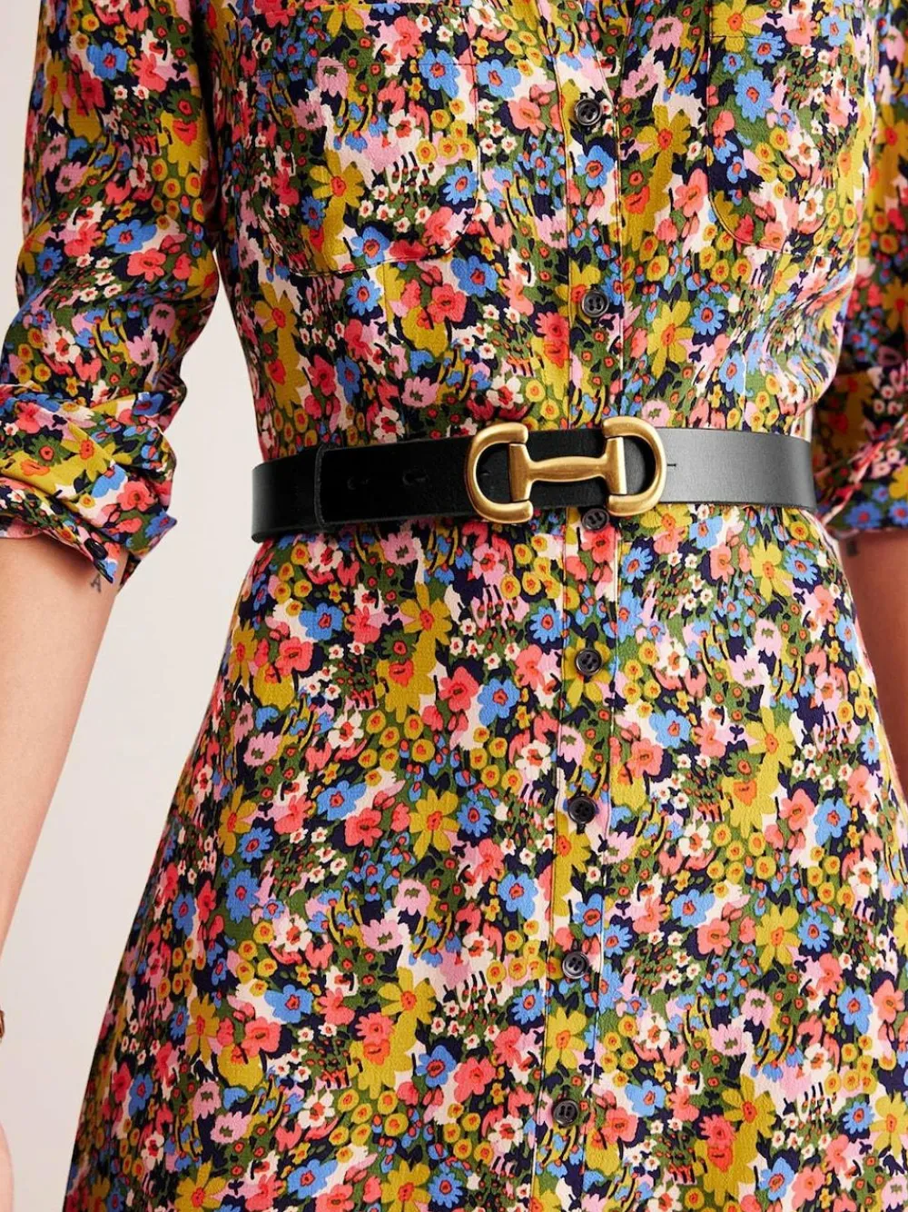 New Boden Snaffle-Trim Leather Belt Black