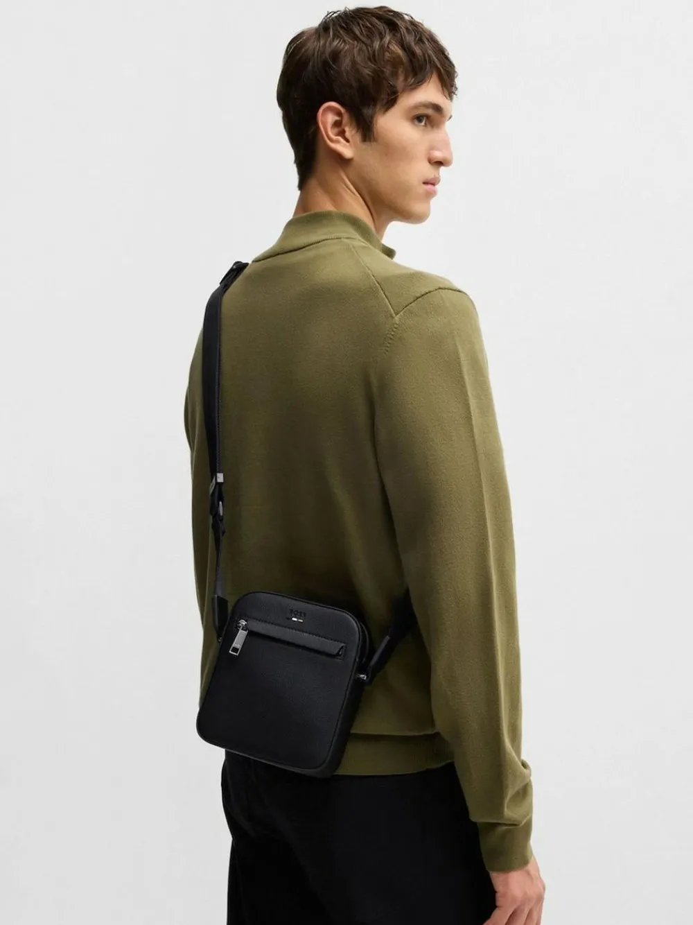 Clearance BOSS Black Grained Faux Fur Leather Reporter Bag