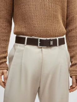 Best BOSS Brushed Metal Leather Belt Brown