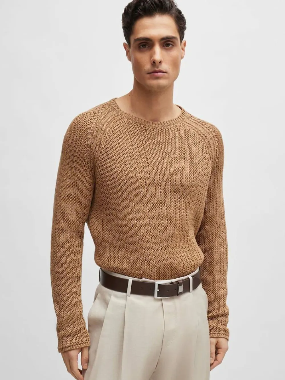 Best BOSS Brushed Metal Leather Belt Brown