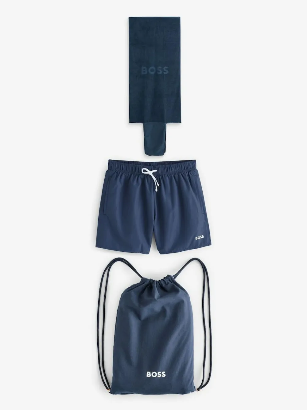 BOSS Navy Swim Shorts, Bag, Towel Beach Gift Set^ Swimwear