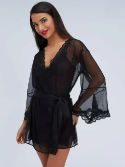 Boux Avenue Black Mallory Mesh Kimono Robe^Women Bathrobes
