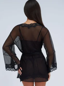 Boux Avenue Black Mallory Mesh Kimono Robe^Women Bathrobes
