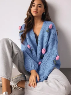 Next Bright Blue 3D Tulip Soft Touch Chunky Knit Cardigan^Women Knitwear|Knitwear