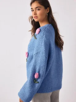 Next Bright Blue 3D Tulip Soft Touch Chunky Knit Cardigan^Women Knitwear|Knitwear