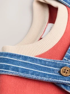 Outlet Next Baby Denim Dungarees and Bodysuit Set (0mths-2yrs) Bright Character Stripe