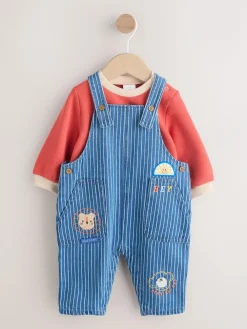 Outlet Next Baby Denim Dungarees and Bodysuit Set (0mths-2yrs) Bright Character Stripe