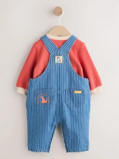 Outlet Next Baby Denim Dungarees and Bodysuit Set (0mths-2yrs) Bright Character Stripe