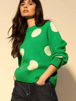 Next Bright Green Spot Crew Neck Knitted Jumper with Wool^Women Knitwear|Knitwear