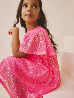 Outlet Next Angel Sleeve Sequin Party Dress (3-16yrs) Bright Pink