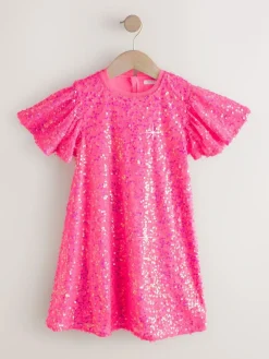 Outlet Next Angel Sleeve Sequin Party Dress (3-16yrs) Bright Pink