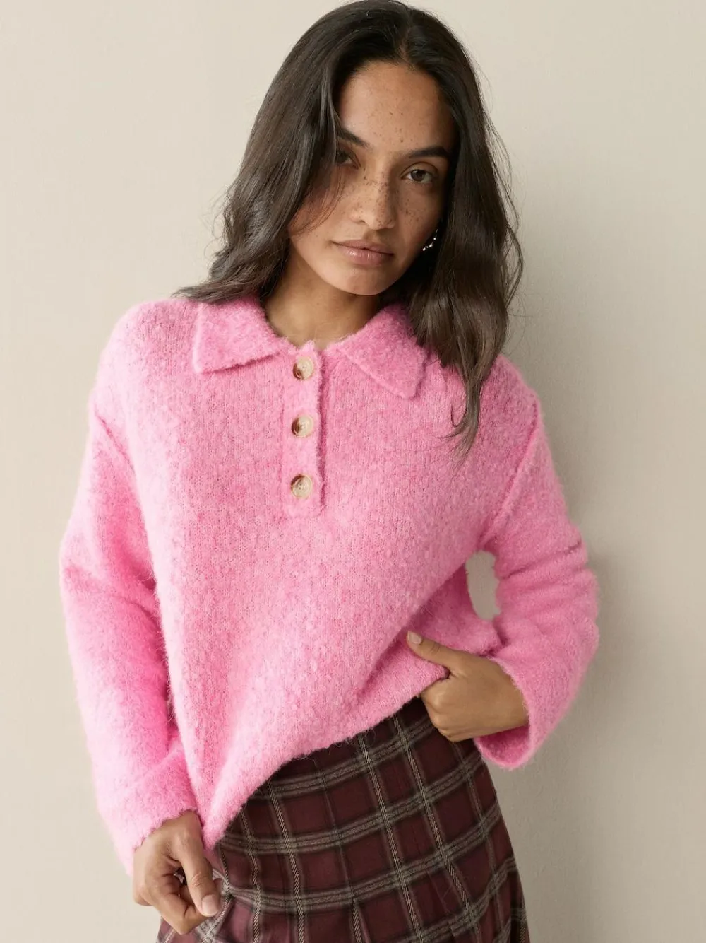 Next Boucle Long Sleeve Polo Jumper Bright Pink