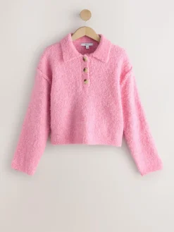 Next Boucle Long Sleeve Polo Jumper Bright Pink