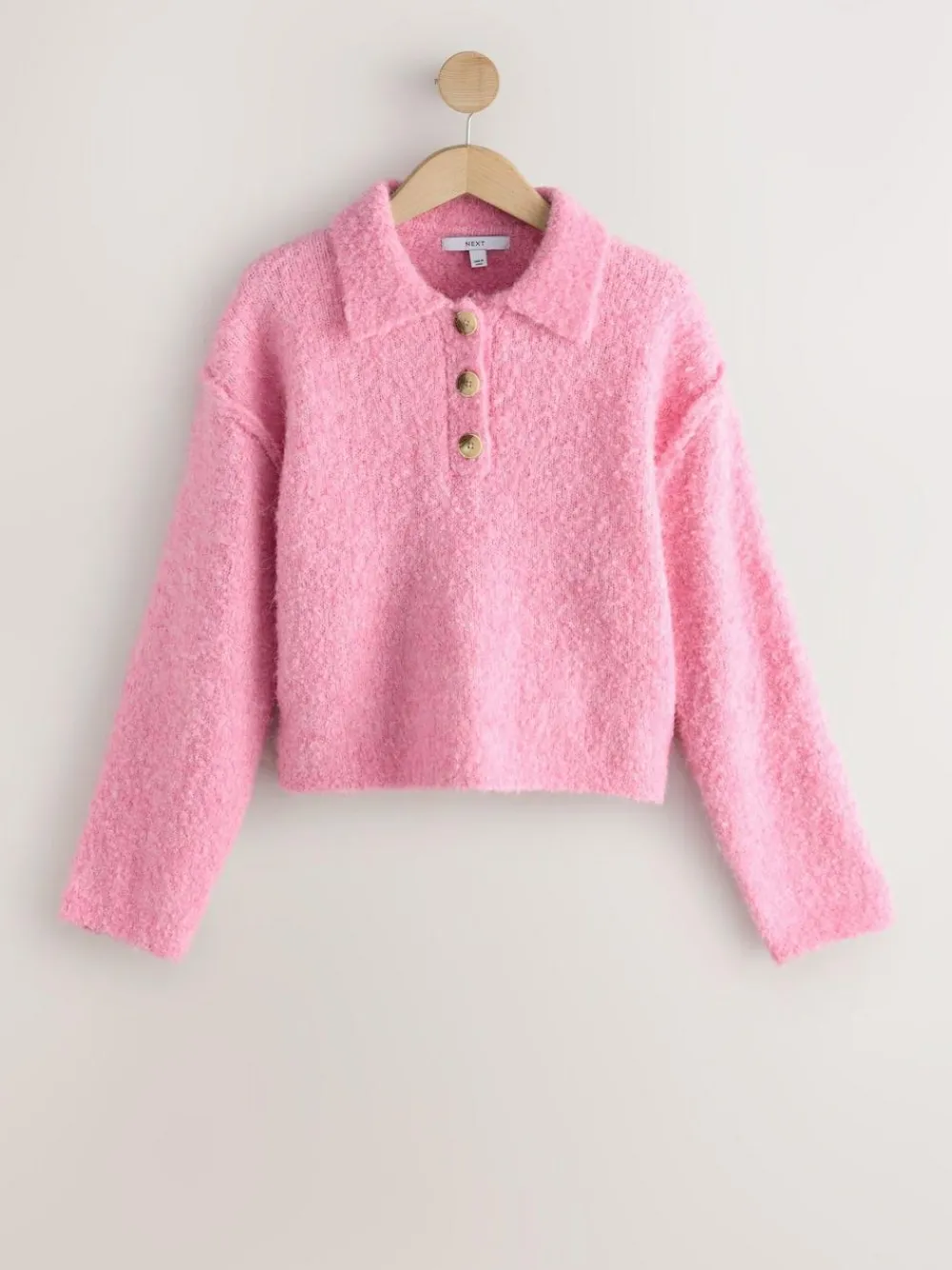 Next Boucle Long Sleeve Polo Jumper Bright Pink