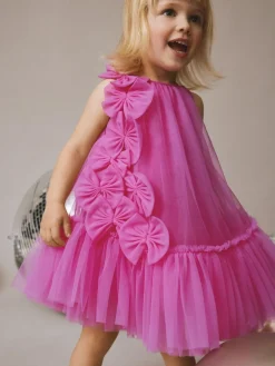 Next Bright Pink Bows Sleeveless Mesh Dress (3mths-7yrs)^ Dresses|Dresses