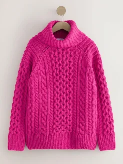 Clearance Next Roll Neck Cable Longline Jumper with Wool Bright Pink