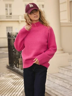 Next Stand Neck Chunky Knit Jumper With Wool Bright Pink
