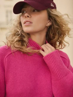 Next Stand Neck Chunky Knit Jumper With Wool Bright Pink