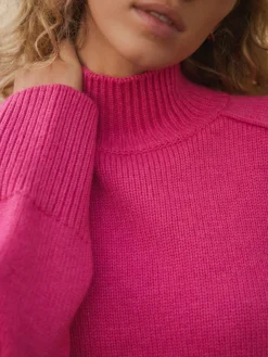 Next Stand Neck Chunky Knit Jumper With Wool Bright Pink