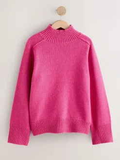 Next Stand Neck Chunky Knit Jumper With Wool Bright Pink