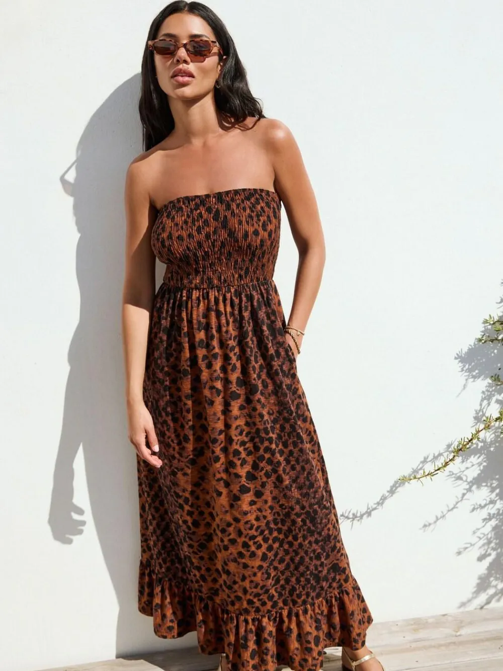 Next Print Bandeau Frill Summer Midi Dress Brown Animal