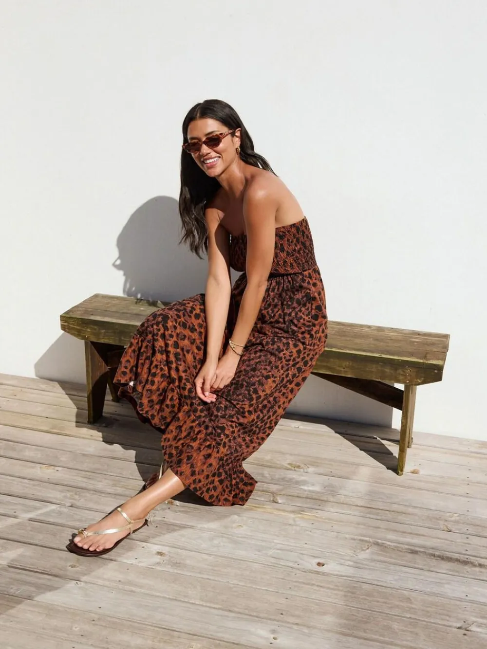 Next Print Bandeau Frill Summer Midi Dress Brown Animal