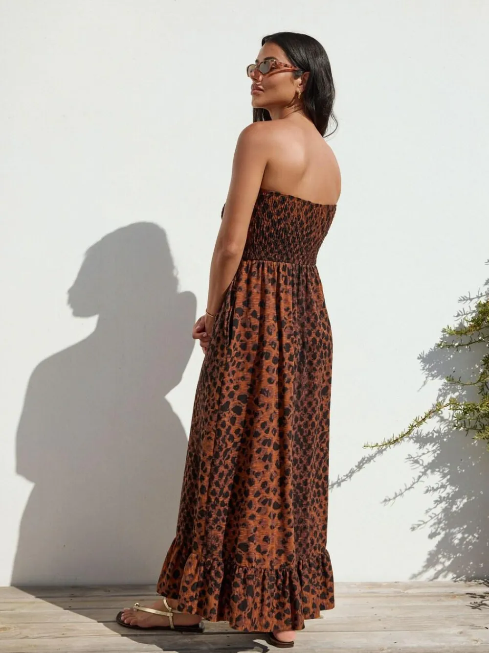 Next Print Bandeau Frill Summer Midi Dress Brown Animal