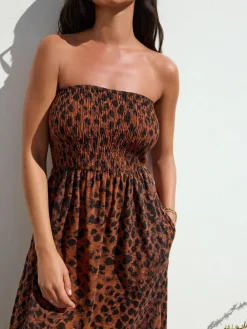 Next Print Bandeau Frill Summer Midi Dress Brown Animal