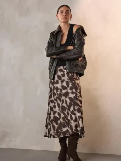 New Next Satin Midi Skirt Brown Animal Print