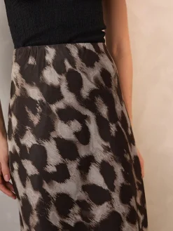 New Next Satin Midi Skirt Brown Animal Print