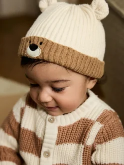 Next Brown Bear Face Ribbed Baby Beanie Hat (0mths-2yrs)^BOY Hats & Scratch Mitts|Newborn Accessories