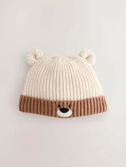 Next Brown Bear Face Ribbed Baby Beanie Hat (0mths-2yrs)^BOY Hats & Scratch Mitts|Newborn Accessories