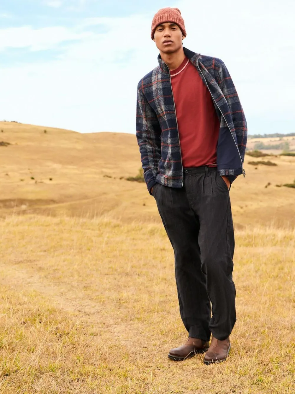 Hot Next Full Zip Funnel Neck Fleece Brown Check